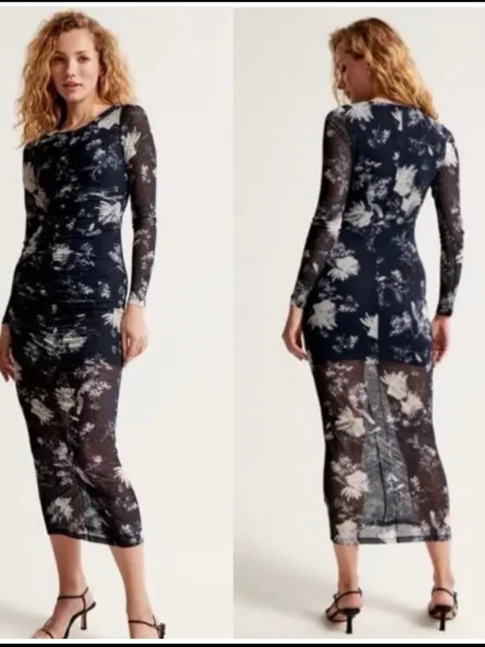 Abercrombie & Fitch Sheer Floral Long-Sleeve Navy Midi Dress